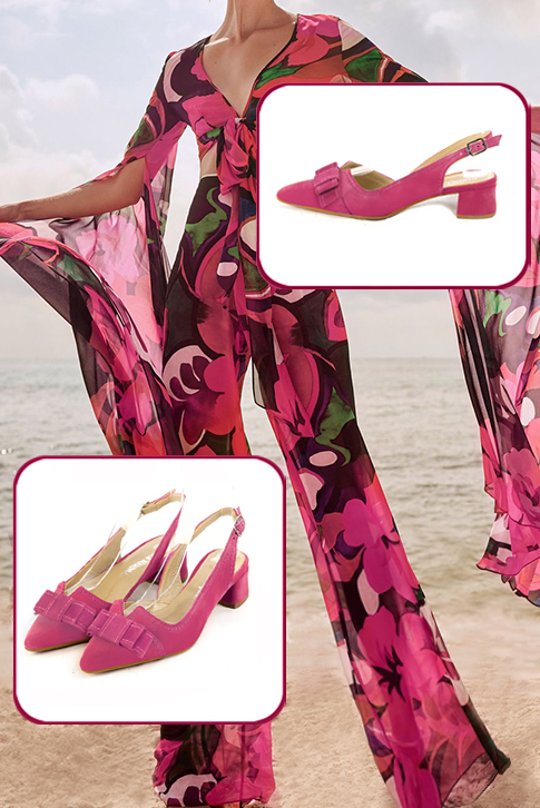 Women's fuchsia pink elegant slingback heels, with a bow on the front. Tapered toe. Low flare heels - Top view